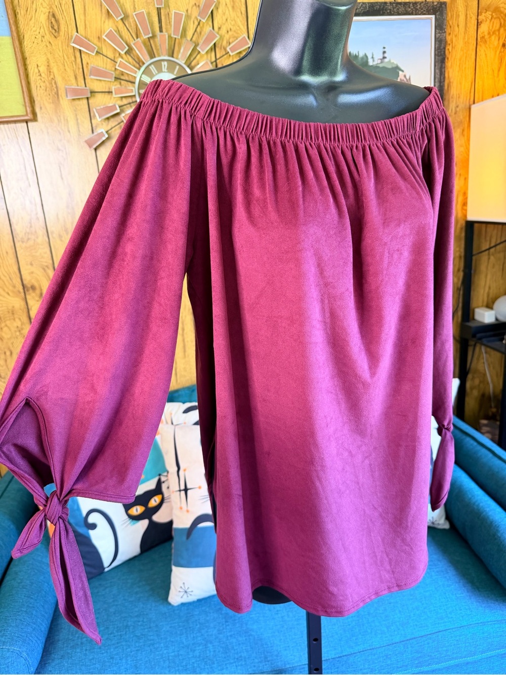 Peppermint Off-the-Shoulder Tie-Sleeve Top in Deep Berry